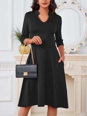 Classic Black A-Line Dress with V-Notch Neck